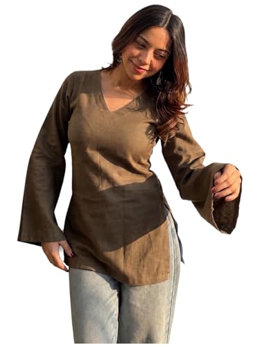 Image of ANNI Designer Short Kurti for Women Solid Design | V Neck Full Sleeve Kurti Tops for Women | Stylish Kurtis & Short Kurtis for Woman | Casual Kurti with Jeans | Kurtas for Woman