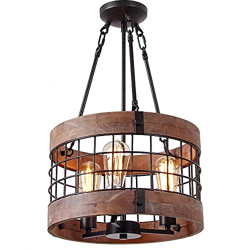 Anmytek round wooden chandelier metal pendant three lights decora…