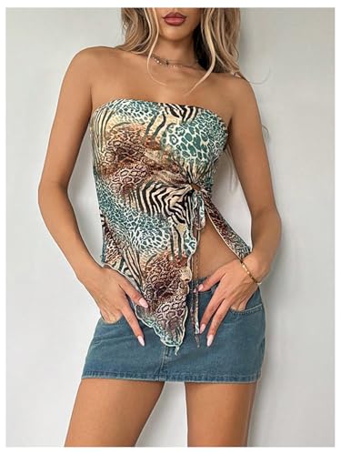 Women's Y2K Cheetah Print Tube Top Leopard Backless Mesh Sheer Bandeau Crop Top Strapless Tie Party Rave Clubwear3