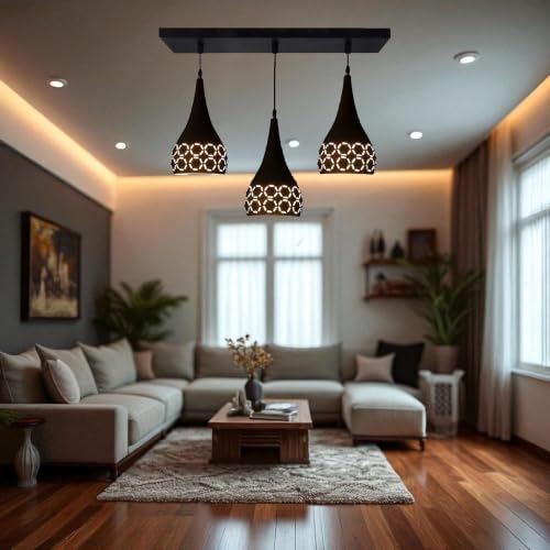 Image of GreyWings 3 Light Hanging Light for Home, Black Aluminium Pendant Light with E27 Holder Designer Ceiling Hanging Lamp for Bulb Not Included, Linear Set