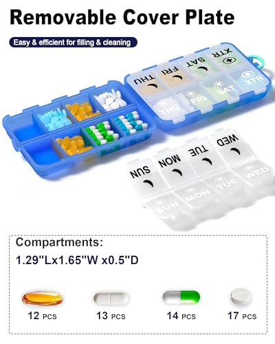 Image of Pill Organizer Travel Medicine Organizer - Weekly Pill Organizer with 2 Extra Compartments, Clear Printed Labels, AM PM Pill Dispenser