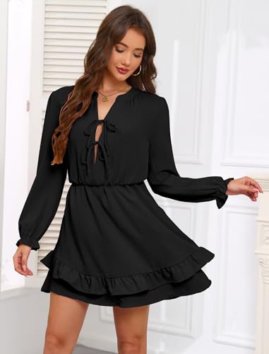 Angashion Women's Tie Front Mini Dress: V Neck Long Sleeve Layer Ruffle Hem Dress Casual Vacation with Pockets Black Large — view 2