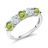 Gem Stone King 925 Sterling Silver Green Peridot and Sky Blue Aquamarine Wedding Band Ring For Women (0.96 Cttw, Round 3.5MM, Gemstone August Birthstone, Available In Size 5, 6, 7, 8, 9)