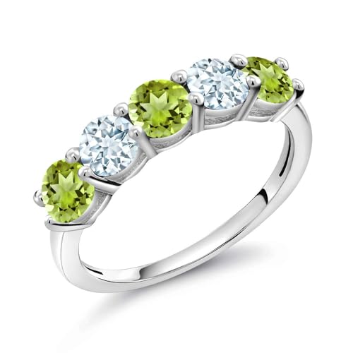 Gem Stone King 925 Sterling Silver Green Peridot and Sky Blue Aquamarine Wedding Band Ring For Women (0.96 Cttw, Round 3.5MM, Gemstone August Birthstone, Available In Size 5, 6, 7, 8, 9)
