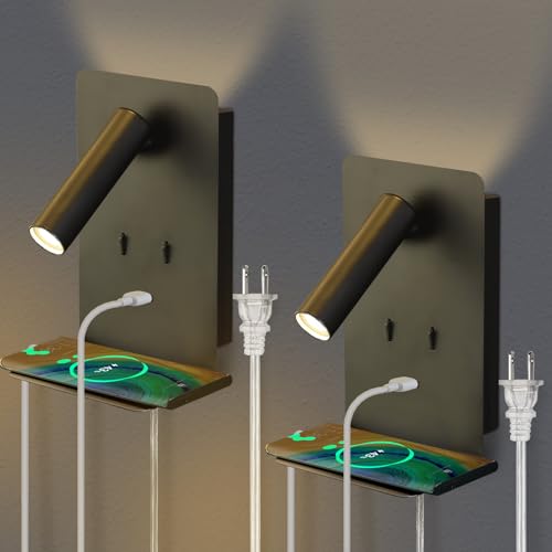 ZEROUNO Modern Bed Side Lamp for Bedroom Set of 2, Black Plug in Wall Mounted Reading Light, Corded...
