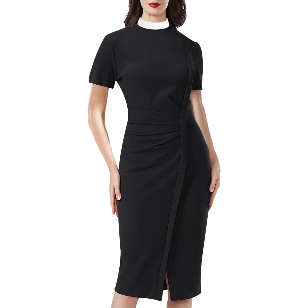 BLESSUME Catholic Church Women Clergy Stand Collar Dress Black Short Sleeve Mass Dress Small Black