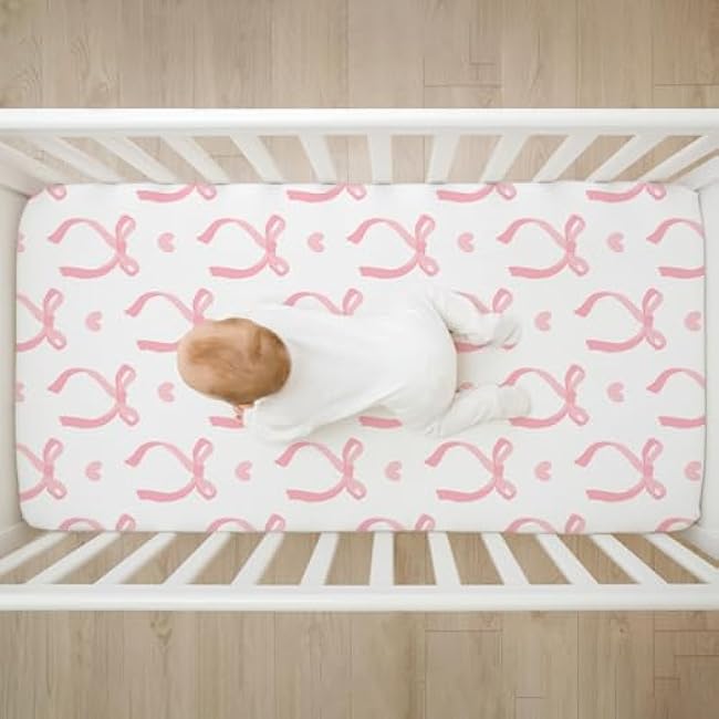 4 Pack Pink Bow Crib Sheet Set for Baby Girl, Soft Breathable Fitted Crib Sheet 28 x 52 in, Nursery Decor for Standard Crib and Toddler Bed Mattresses