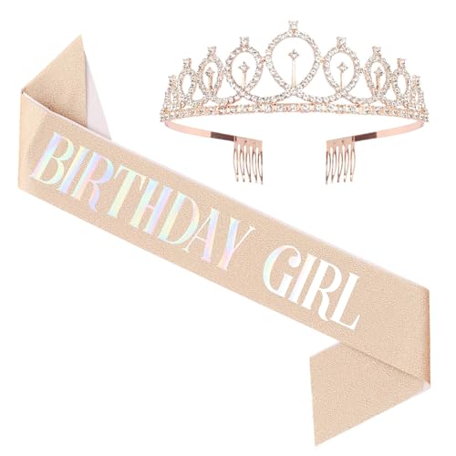 Aniversários coroa, tiara de cristal com faixa coroa de aniversário e faixa de aniversário para meninas mulheres para festas de feliz aniversário, favores, decorações (ouro rosa)