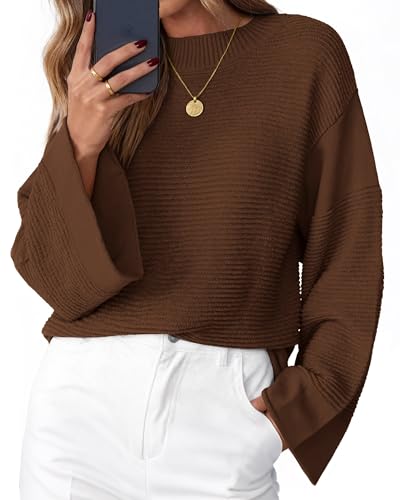 KIRUNDO Oversized Sweaters for Women Chunky Ribbed Knit Tops,Brown,XL