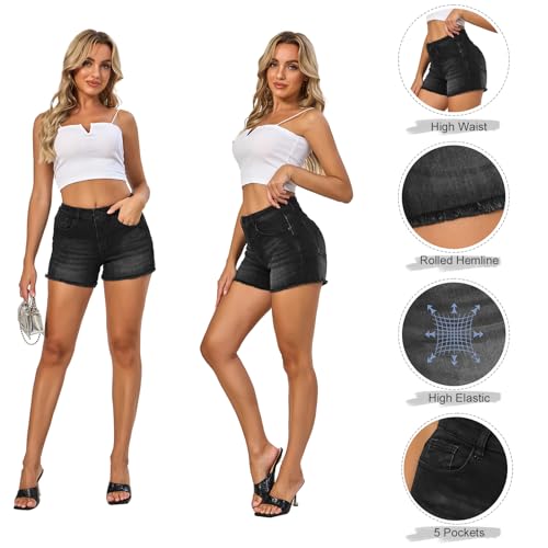 Image of VIPONES Women Mid Rise Jeans Shorts Frayed Raw Hem Summer Stretchy Casual Denim Shorts