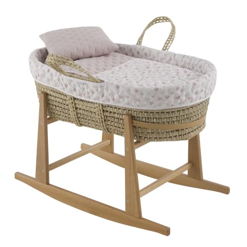 Cambrass-moisés para bebé con Soporte de Madera-capazo de Palma para los Primeros Meses del bebé-moisés de Mimbre con Asas para facilitar su traslado - Branch Rosa 39x80x25 Cm