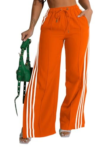 Alunzoem Womens Wide Leg Pants High Waist Striped Side Slit Stretch Casual Loose Drawstring Pant Trousers