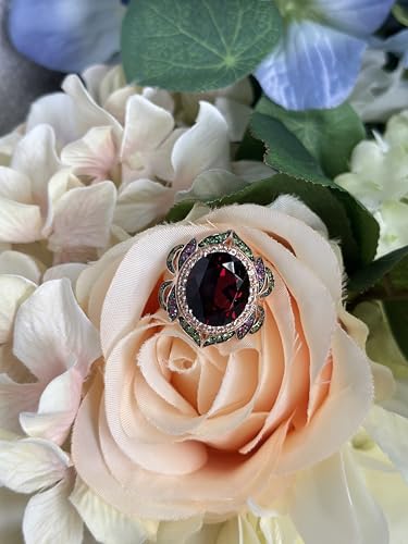 LE VIAN 7 5/8 Carat Garnet Statement Ring for Women | 14k Rose Gold Anniversary Ring for Her with White Topaz, Tsavorite, Amethyst Floral Design Wedding Promise Band Size 72
