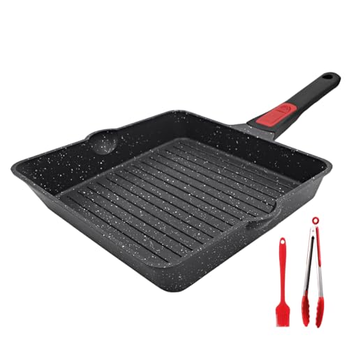 AIKENBBKK Padella Grigliate 24x 24 cm con Manico Rimovibile, Bistecchiera In Alluminio con Rivestimento Antiaderente, Lavastoviglie& forno sicuro(Nero)