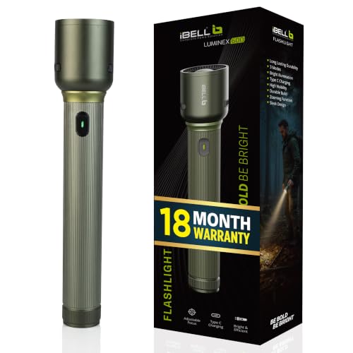 Image of IBELL LUMINEX 600 Rechargeable Torch Light High Power, 6000 mAh Flashlight, 3 Light Modes, Telescopic Zoom, Type C Charging, LED, Super Bright for Home, Outdoor & Emergency Use (Green)