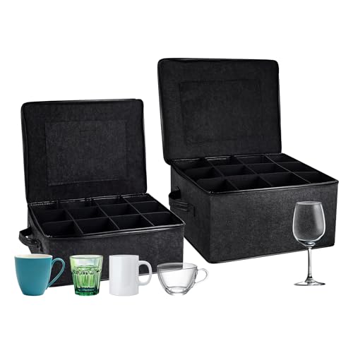 Swnhdeti 2 Pack Glass Storage Box with Dividers for Mugs & Glassware Coffee Cup Kit Stemware Storage Containers for Packing and Moving 12 Crystal Glassware, Wine Glasses, Drinkware (Gray)