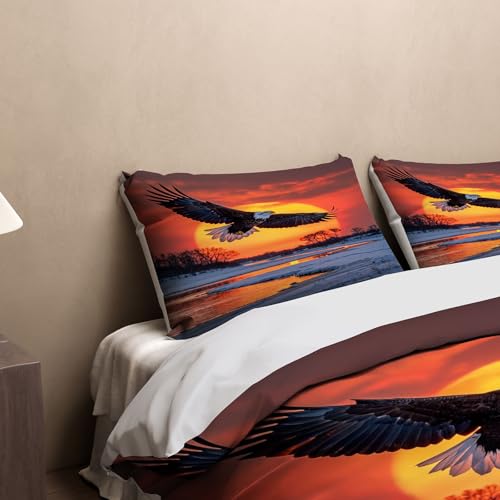 Housse de couette 200 x 200 aigle 3D avec 2 taies d'oreiller lit double microfibre