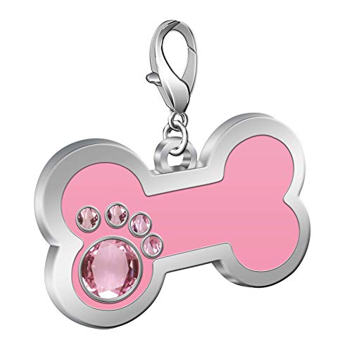 Tedyoho Personalized Engraved Stainless Steel Pet Id Silent Tag,Bone And Paw Shape Dog Tags & Cat Tags With Crystals (Pink, Bone Shape) #TOP1