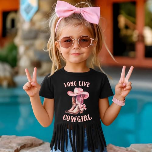 Image of Girls Western Shirt Cowgirls Embroidered Country Concert T Shirt Graphic Horseback Rider Tassel Fringe Tee Tops