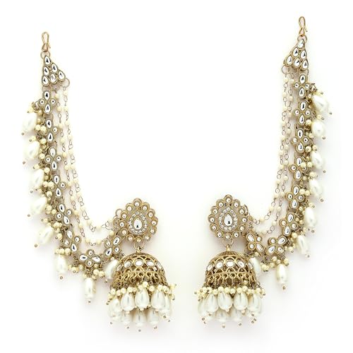 Image of Zeneme Traditional Gold Plated White Kundan Pearl Beaded Jhumkas With Multi Layered Ear Chain Earrings for Women & Girls