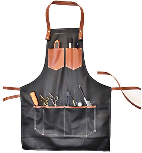 Professional Hairdresser Barber Leather Apron | Haircutting Aprons with 7 Waterproof Pockets, Heavy Duty Premium Quality, Multi-purpose Salon Apron for Men & Women, (Black)