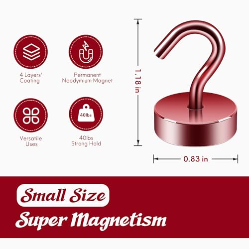 Image of Neosmuk Magnetic Hooks Steel Tube Design for Cruise,40lb+ Red,10 Pack