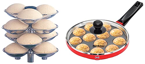 Hawkins Futura 22 cm Appe Pan, Non Stick Paniyaram Pan with Glass Lid & Idli Stand - 12 Mini Idlis, (for 3 Litre and Bigger Pressure Cooker)