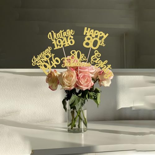 Image of 15 PCS 80th Birthday Centerpiece Sticks Double Sided Eighty Happy 80th Vintage 1946 Table Flower Centerpieces Sticks Cheers to 80 Fabulous Floral Decorations for 80th Birthday Party Supplies Gold