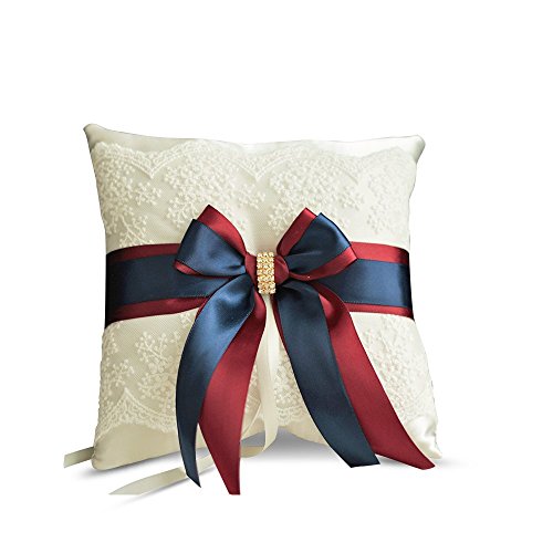 Alex Emotions Ivory Ring Bearer Pillow and Basket Set | Lace Collection | Flower Girl & Welcome Basket for Guest | Handmade Wedding Baskets & Pillows (Burgundy Navy Blue)