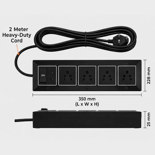Image of Extension Board 10A 5 Socket 250 Volts Spike Guard, Extension Board, 1 Sq.mm 3 core Pure Copper Wire, Heavy Duty ABS Body with 20A Master Switch,2 Meter Cable