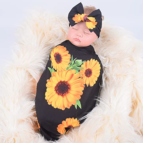 Image of AirXing Newborn Baby Blanket Turban Baby Receive Blanket Flower Swaddling Blanket Printed Baby Swaddle Receive Blanket(Black)