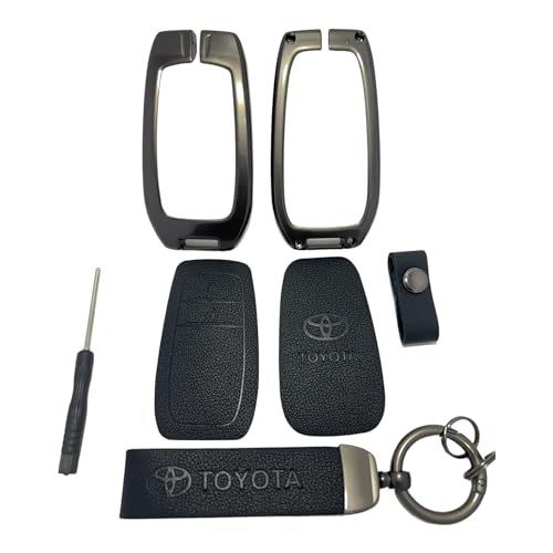 Image of Zinc Metal Alloy Leather Car Key Cover & Case Black with Keychain & Holder fit for Toyota Fortuner, Legender, Innova Crysta, HyCross, Land Cruiser, Hilux (2 BT Push Smart)