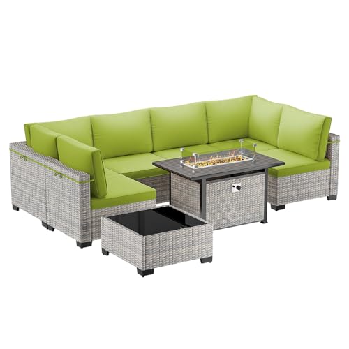 Image of Outdoor PE Wicker Rattan Modular Patio Sectional Sofa Set | 8-Piece: 6 Modular Seats, Coffee Table & 55,000 BTU Fire Pit Table, Grass Green