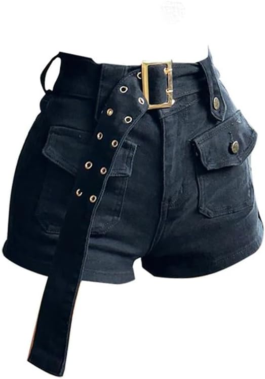 Vintage Women's Denim Shorts Hight Waisted Y2k Casual Jeans Cargo Pants Gothic Black Shorts with Belt Summer