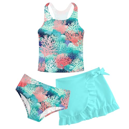 Girls Swimsuits 3 Piece Tankini Bathing Suit Set Cute Bikini Swimwear with Cover Ups Beach Skirt 5-16 Years