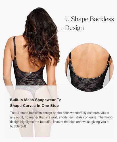 Popilush Lace Body Suits Women Tummy Control Shapewear Bodysuit Deep V Neck Backless Corset Tops Thong Body Shaper4