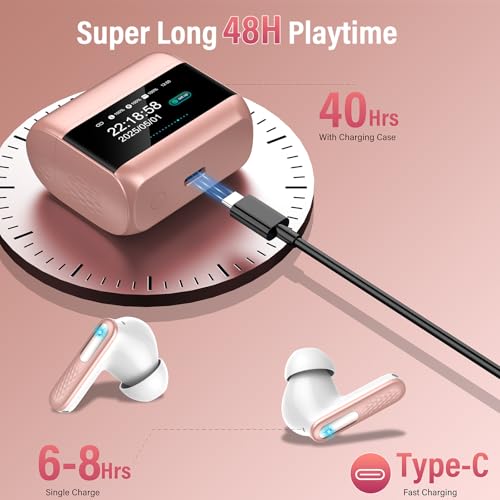 Image of Wireless Earbuds with Touch Screen, Bluetooth 5.4 Headphones, ANC /ENC Noise Cancelling, 48H HiFi Stereo Bluetooth Ear Buds with 5 EQ Modes, Transparency Mode, IPX7 Earphones, Rosa