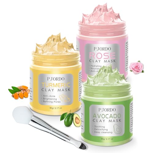 3 Pack clay mask, Turmeric Vitamin C, Avocado, Rose clay mask for face, Face Mask Skin Care for Deep Cleaning Reduce Blackheads Dark Spots, Valentines Day Gifts Set for Women, 3.17 Oz Each