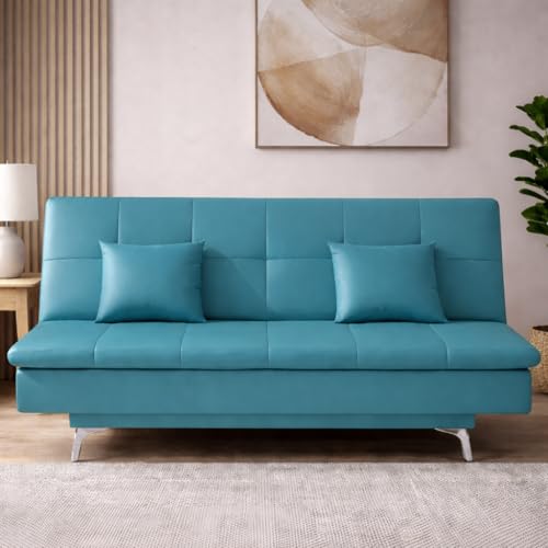 Image of Casaliving Danny 3 Seater Sofa Cum Bed Leatherette Fabric (Turquise) with Two Cushions Perfect for |Home Living |Office Room and Guest Room Premium Sofa
