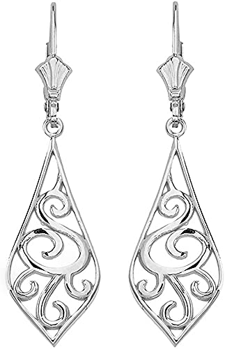 .925 Sterling Silver Art Nouveau Swirl Teardrop Dangle Leverback Earrings - 1.42