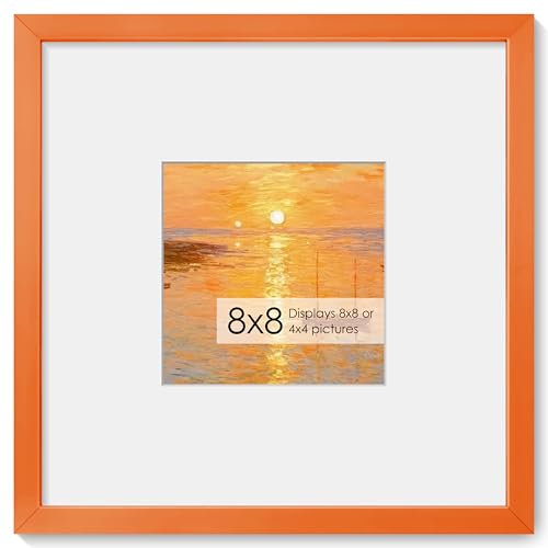 Fun Memories 8x8 Aluminum Picture Frame, Premium Square Photo Frames with Mat for 4x4 or Without Mat for 8 x 8, Simple and Elegant Decor for Wall Mounting, Orange, 1 Pack