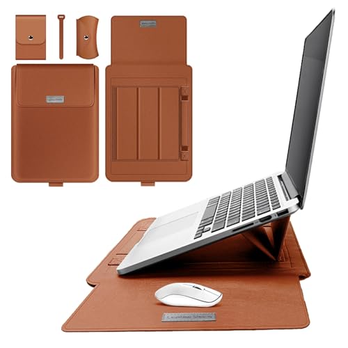 【4点セット】 ノートパソコン ケース 15.6インチ スタンド 薄型 軽量 15.6インチ パソコンケース カバー macbook air 18インチ ケース 本革調 持ち運び マウス ケース ケーブル バンド Mサイズ,キャメル