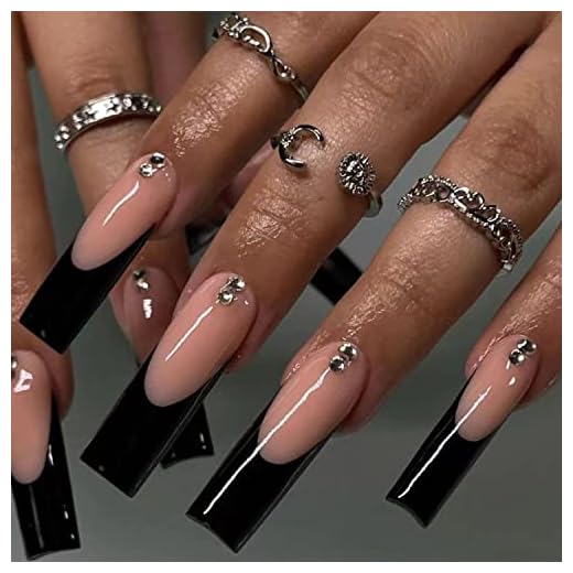 Black French Tip Press on Nails Long Coffin Fake Nails Nude Full Cover Glue on Nails Glossy False Nails with Rhinestones Designs Black Nail Tip Acrylic Nails Nail Accessories for Women 24Pcs