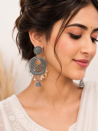 Image of Varnee Oxidised Silver Chandbali Earrings with Jhumki & Pearls | Antique Finish, Pearl Drops, Jhumki Pendant, Ethnic Design, Stud Back