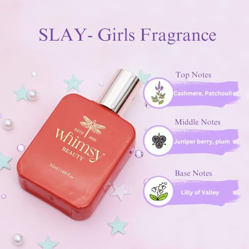Image of Whimsy Beauty Kids Perfume for Girls | Water Based Alcohol Free Fragrance with Juniper Berry and Plum Notes | Skin Friendly Long Lasting Scent | 4 to 16 Years | Organic, Chemical Free | 50 ml (SLAY