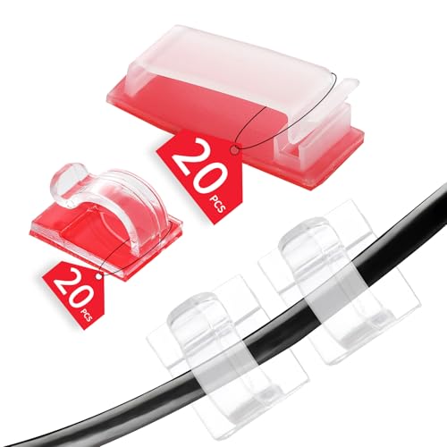 40 Clips Cables Autoadhesivo sujetacables con Pegamento acrílico Ideales para gestión de Cables USB Cables de Red y guirnaldas de Luces en Escritorio y hogar