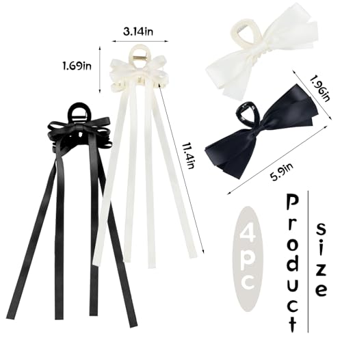 Zkptops 4 piezas Pinzas de Pelo con lazo satinadas para mujeres y niñas, clips grandes antideslizantes para cabello delgado, grueso o rizado, colores negro y blanco miniatura 6