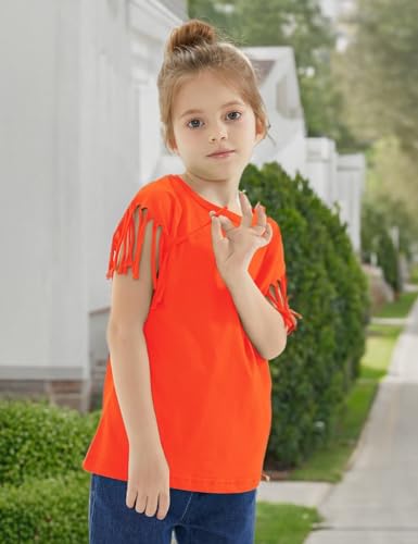 Image of Noomelfish Girls Fringe Sleeve T-Shirts Tassel Casual Summer Tee Tops (5-12 Years)