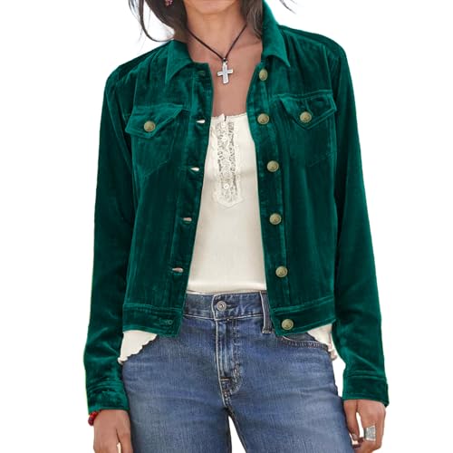 HUEOBIR Womens Solid Color Long Sleeve Velvet Jacket Fashion Casual Buckle Short Coat With Pockets Outerwear(Dark Green-S)