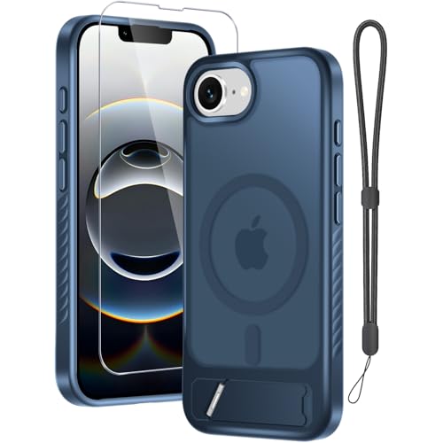 RMOCR for iPhone 16e Case & iPhone 17e Case with Screen Protector+Lanyard Wrist Strap,Magnetic Translucent Matte Rugged Slim Phone Cover Built in Invisible Kickstand [Fit for MagSafe],Navy Blue